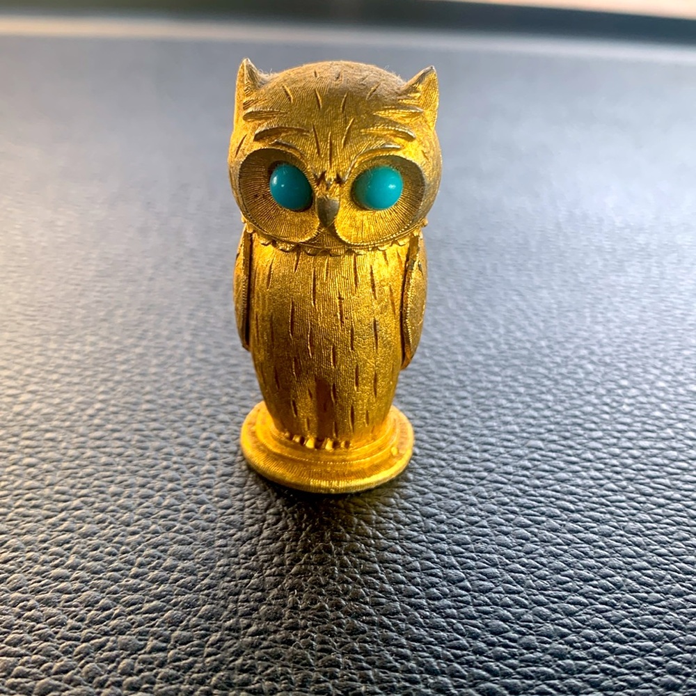 Vintage Mid Century Gold Tone Figural Owl Lighter with Turquoise Eyes “Florenza”